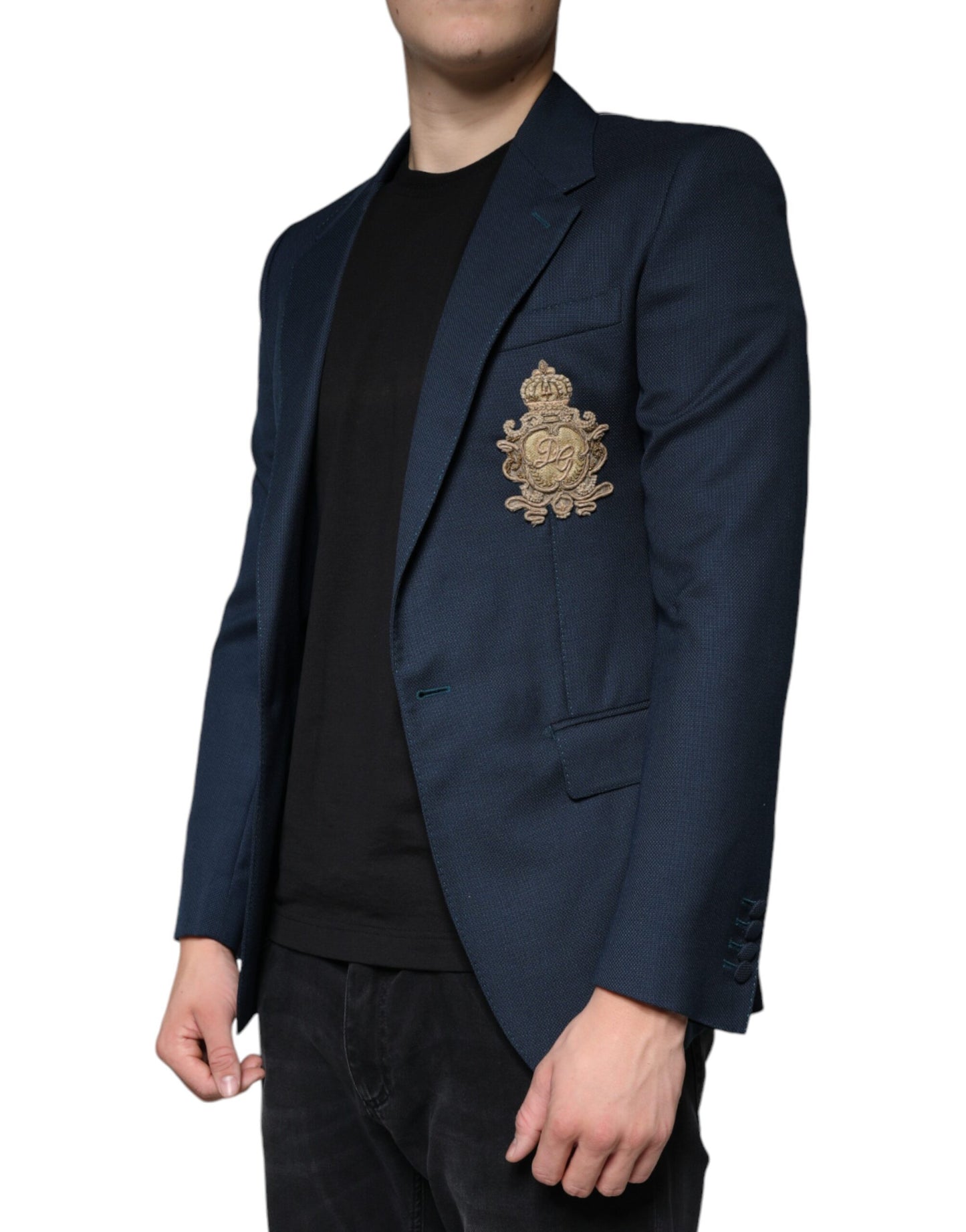 Blazer simple boutonnage en laine bleue avec logo Dolce & Gabbana