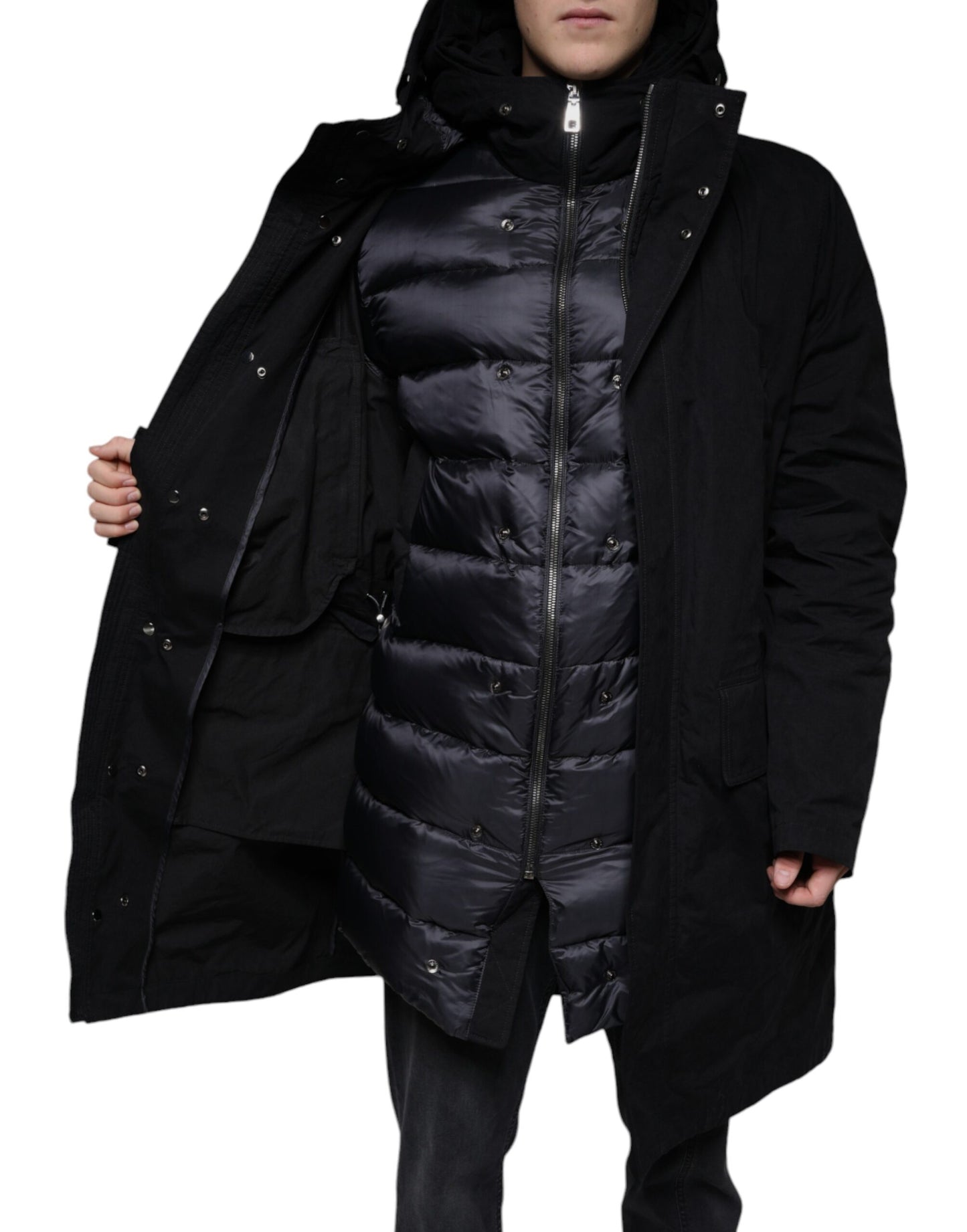 Dolce & Gabbana Parka à capuche noire en coton Trench Coat