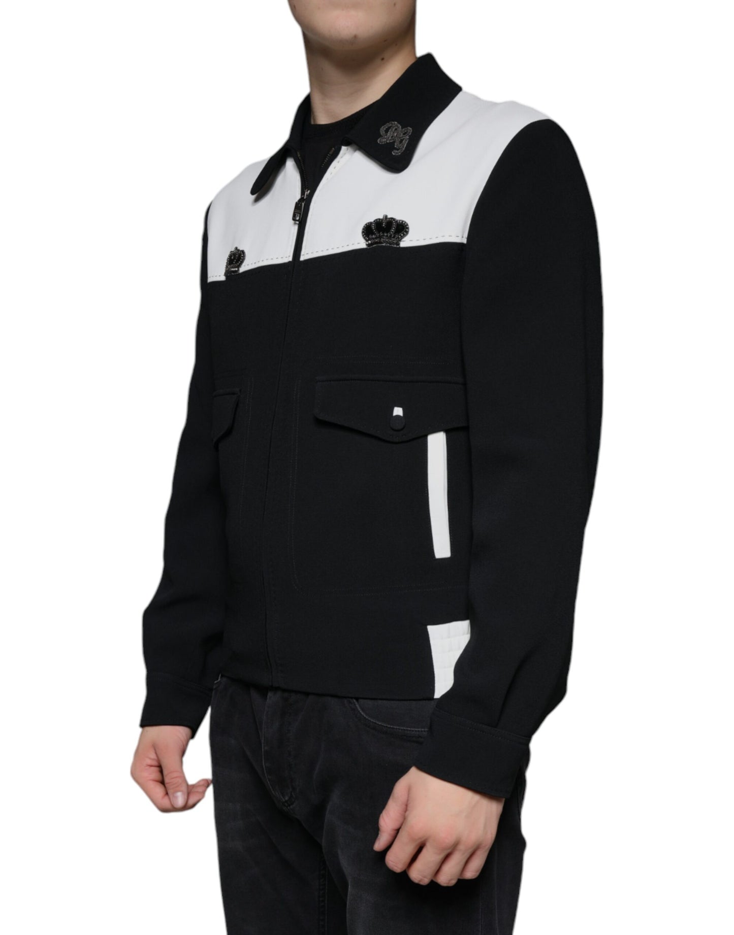 Dolce & Gabbana Veste Blouson Zippée Noire et Blanche DG Crown