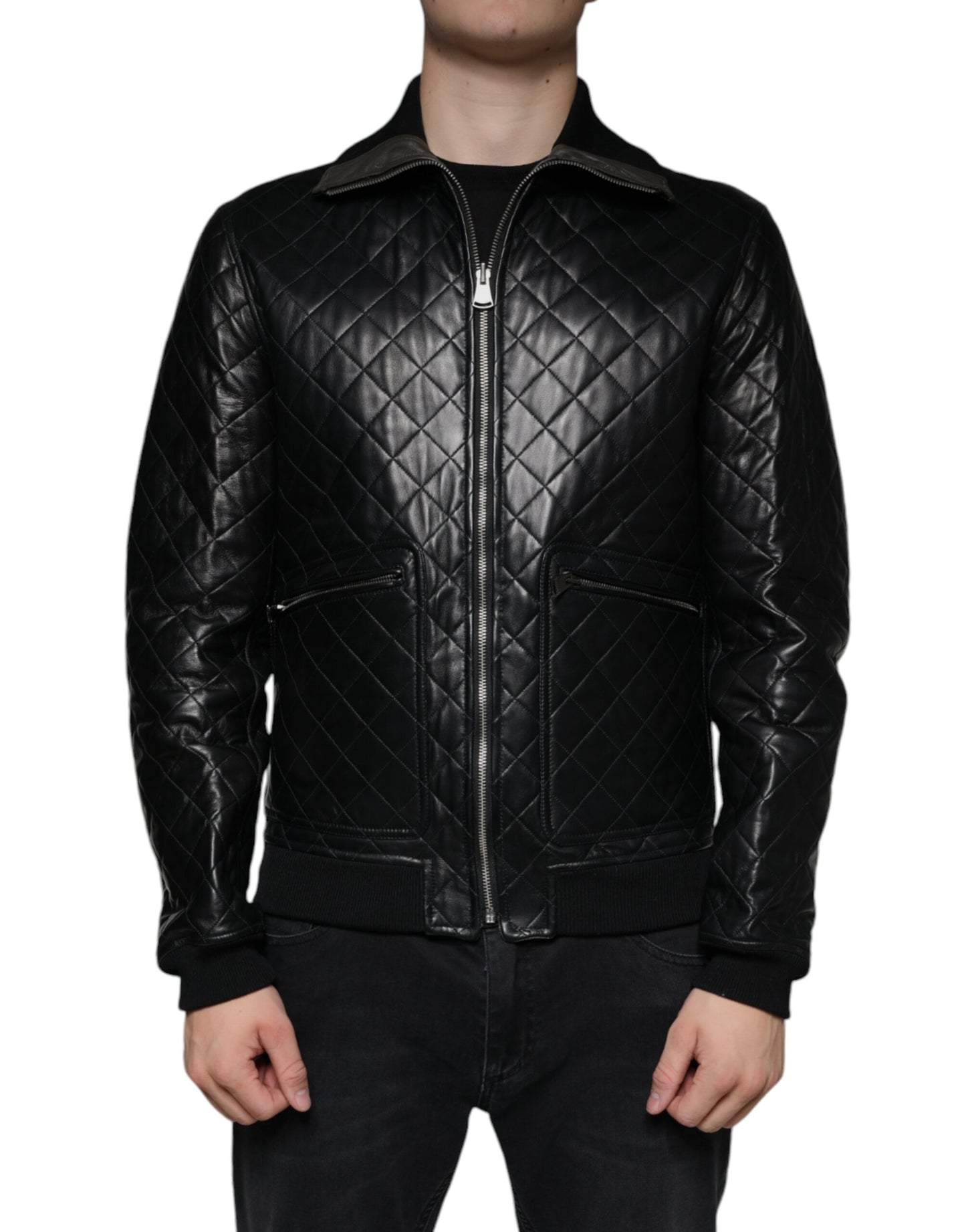 Dolce & Gabbana Black Calf Leather Quilted Full Zip Jacket by Dolce & Gabbana