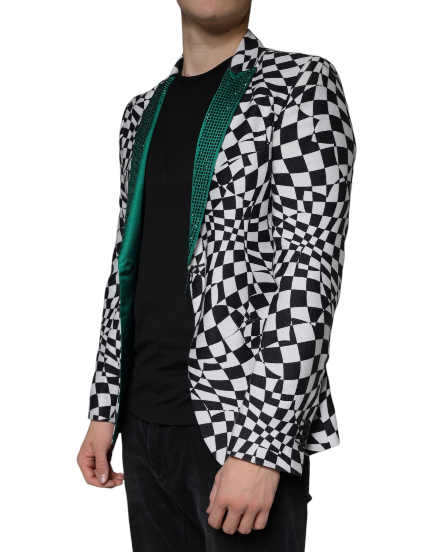 Blazer simple boutonnage à carreaux noirs et blancs avec cristaux John Richmond