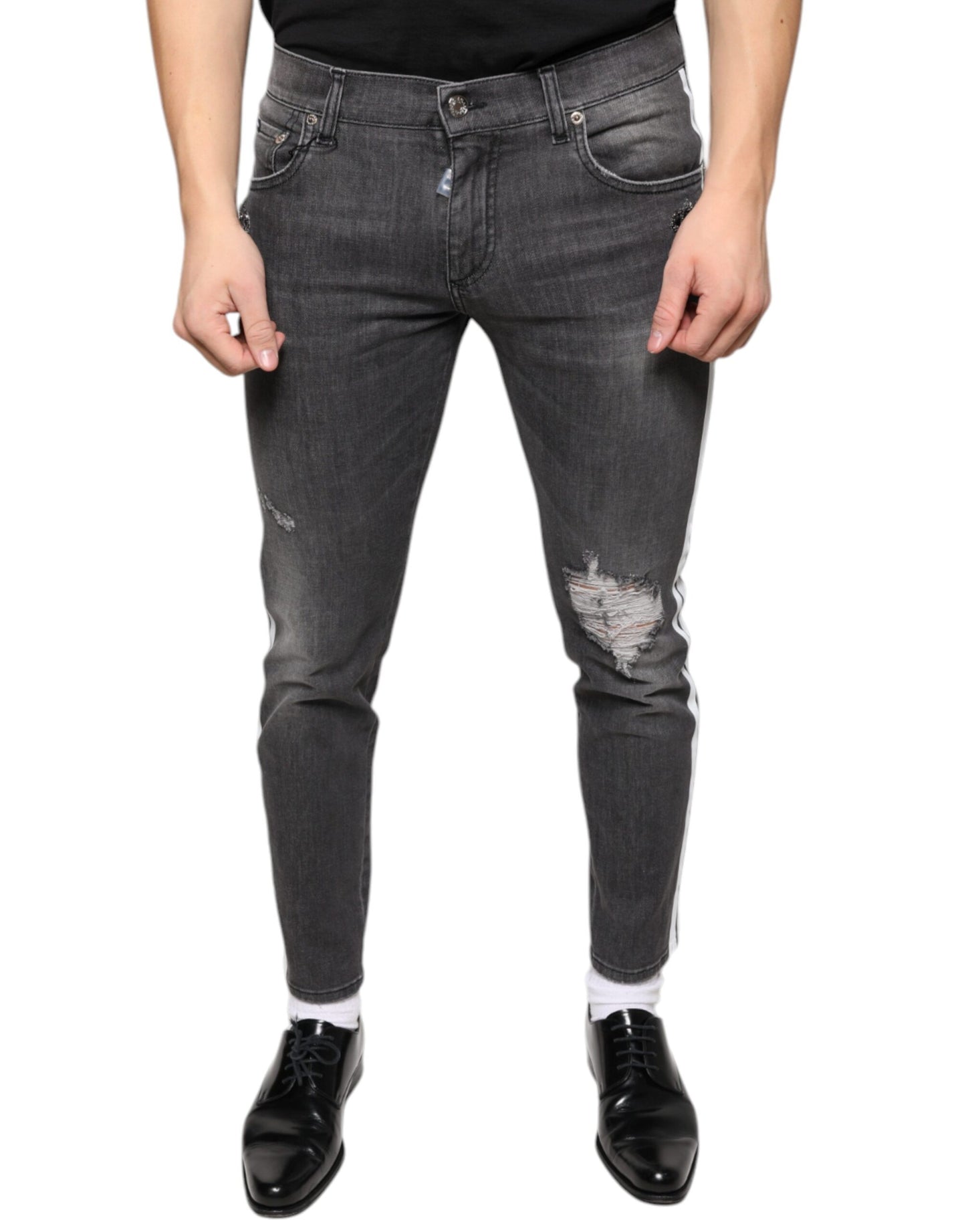 Dolce & Gabbana Black Tattered Cotton Skinny Men Denim Jeans by Dolce & Gabbana