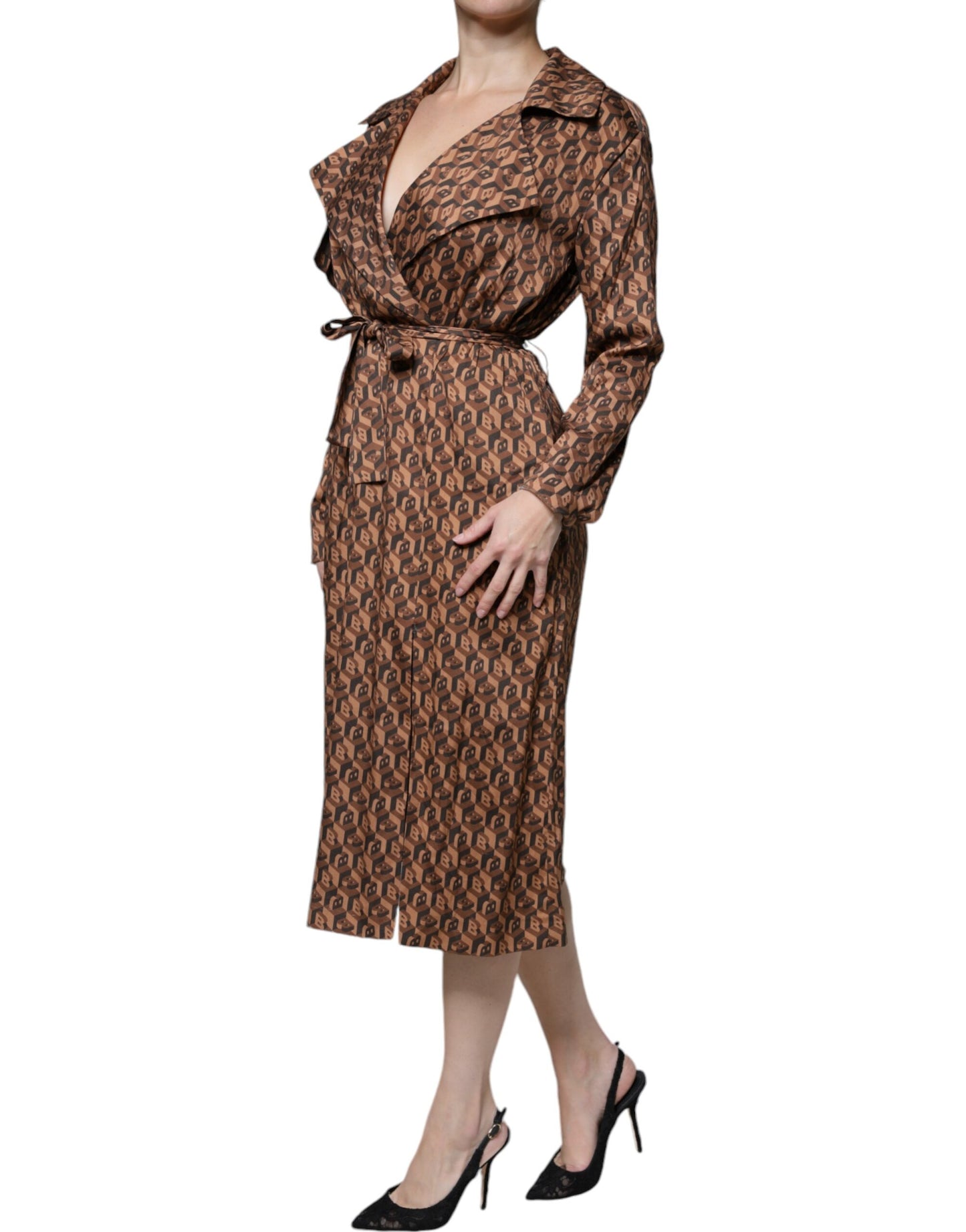 Ballantyne Brown Printed Long Sleeves V-neck Wrap Midi Dress by Ballantyne