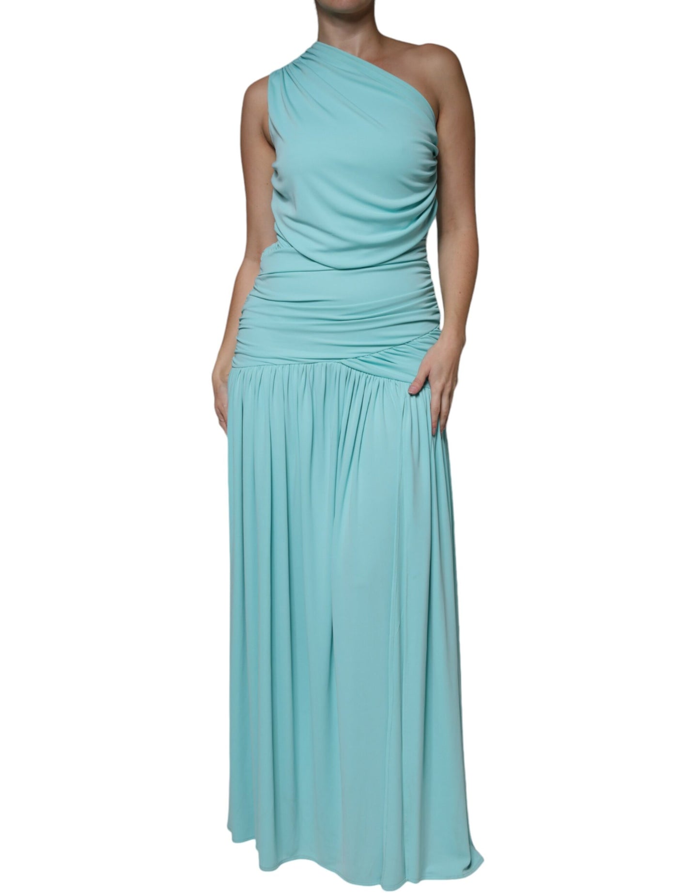 Christian Pellizzari Light Blue Jersey Long Drape One Shoulder Dress by Christian Pellizzari
