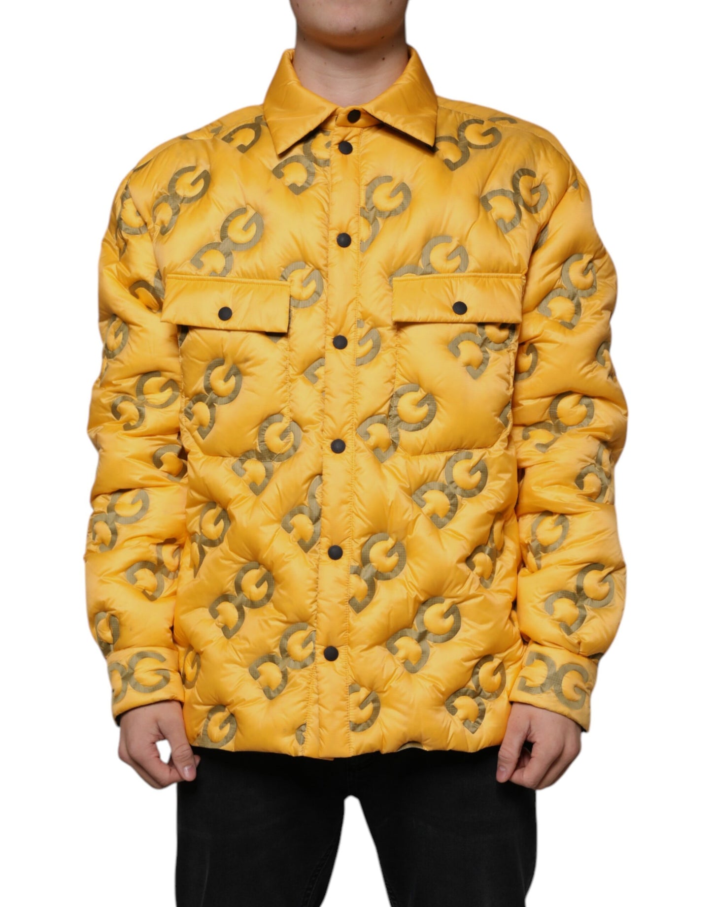 Dolce & Gabbana Yellow Logo Padded Buttoned Blouson Jacket by Dolce & Gabbana
