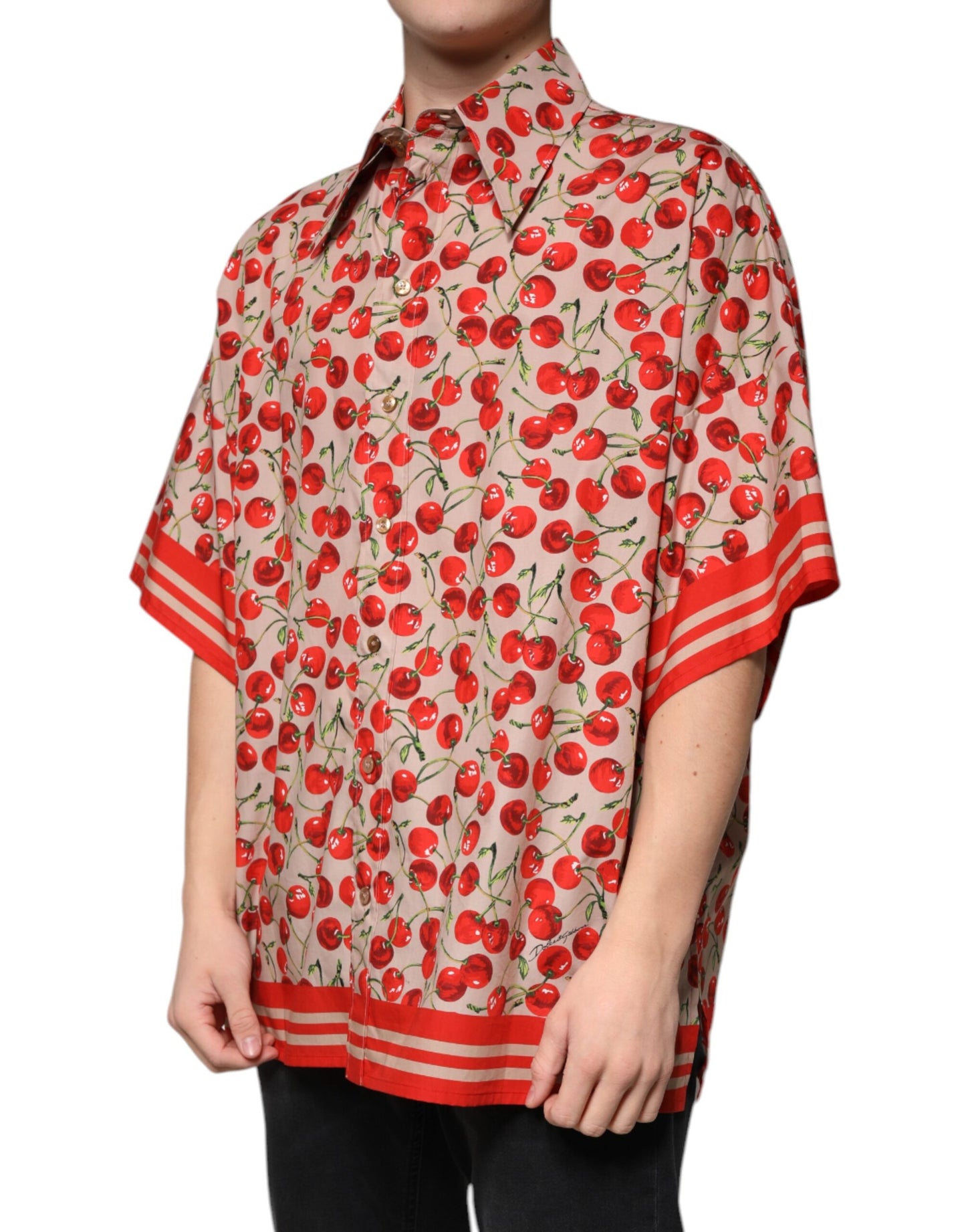 Dolce & Gabbana Beige Cherry Button Down Men Casual Shirt by Dolce & Gabbana