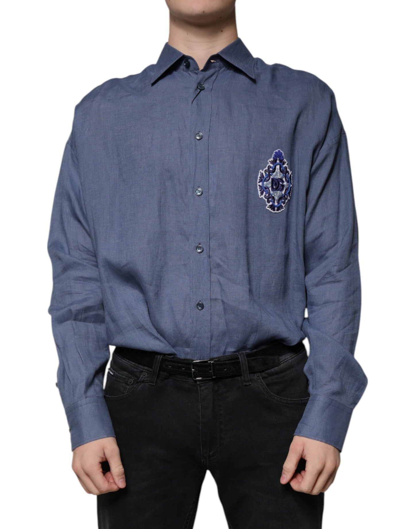 Dolce & Gabbana Blue Logo Long Sleeve Button Down Casual Shirt by Dolce & Gabbana