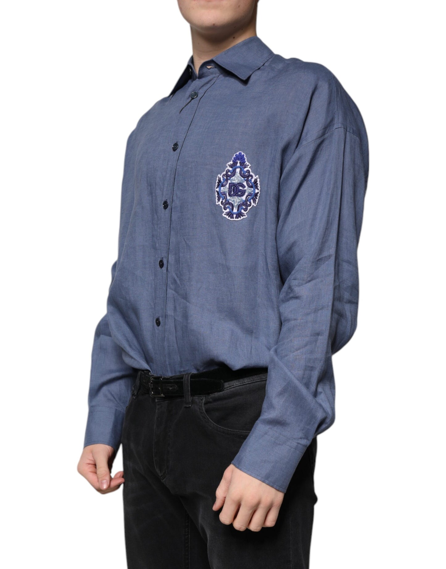 Dolce & Gabbana Blue Logo Long Sleeve Button Down Casual Shirt by Dolce & Gabbana