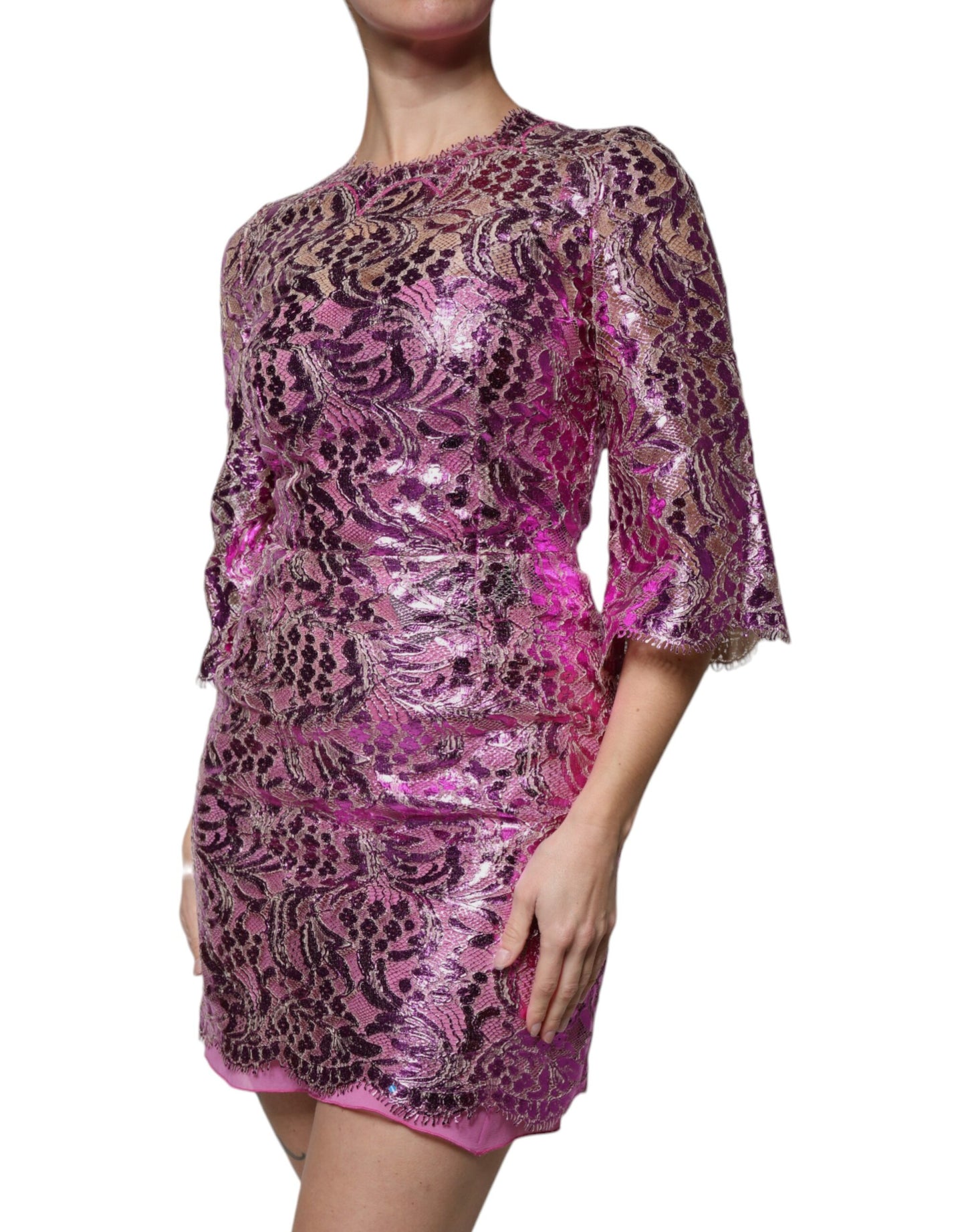 Dolce & Gabbana Metallic Fuchsia Floral Sheath Mini Dress by Dolce & Gabbana
