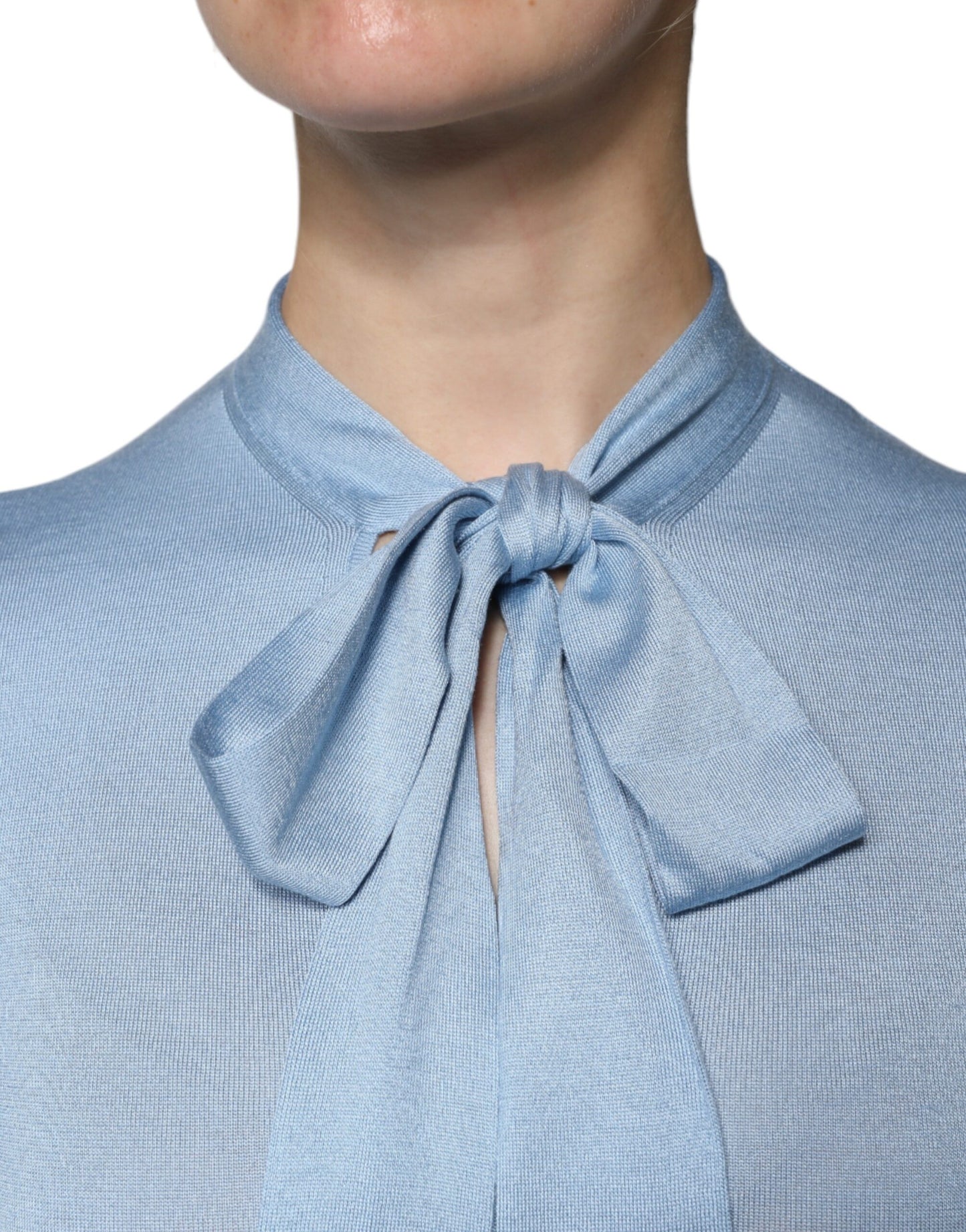 Dolce & Gabbana Blue Silk Knit Pullover Ascot Collar Top by Dolce & Gabbana