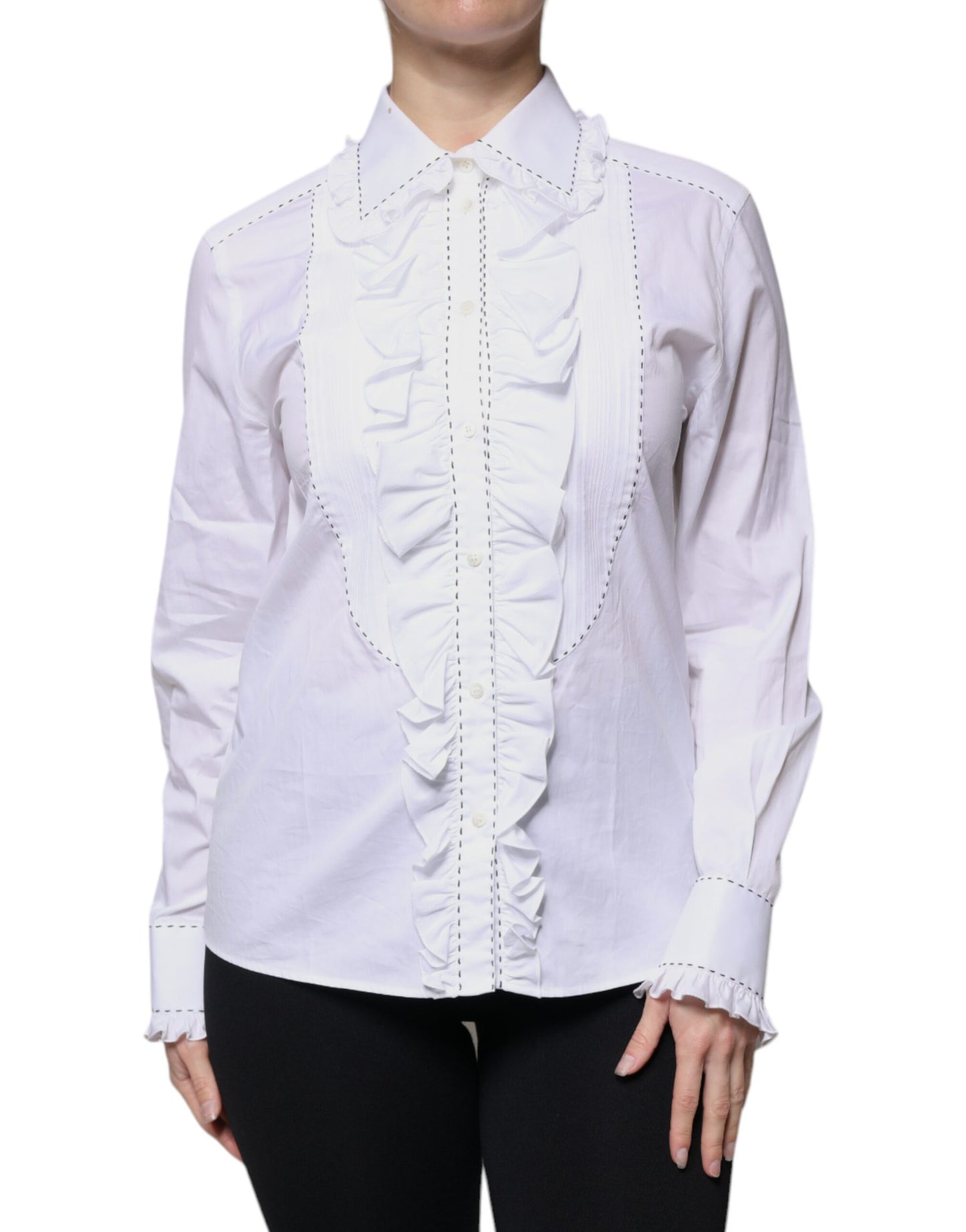 Dolce & Gabbana White Cotton Long Sleeves Ruffle Collar Top by Dolce & Gabbana