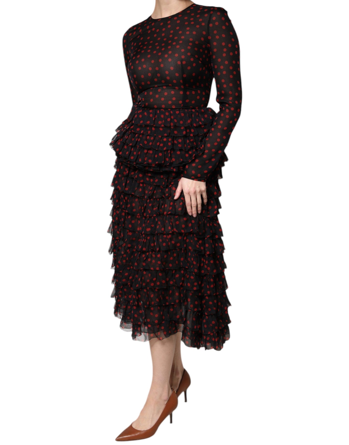 Dolce & Gabbana Black Red Polka Dot Silk Layered Midi Dress by Dolce & Gabbana