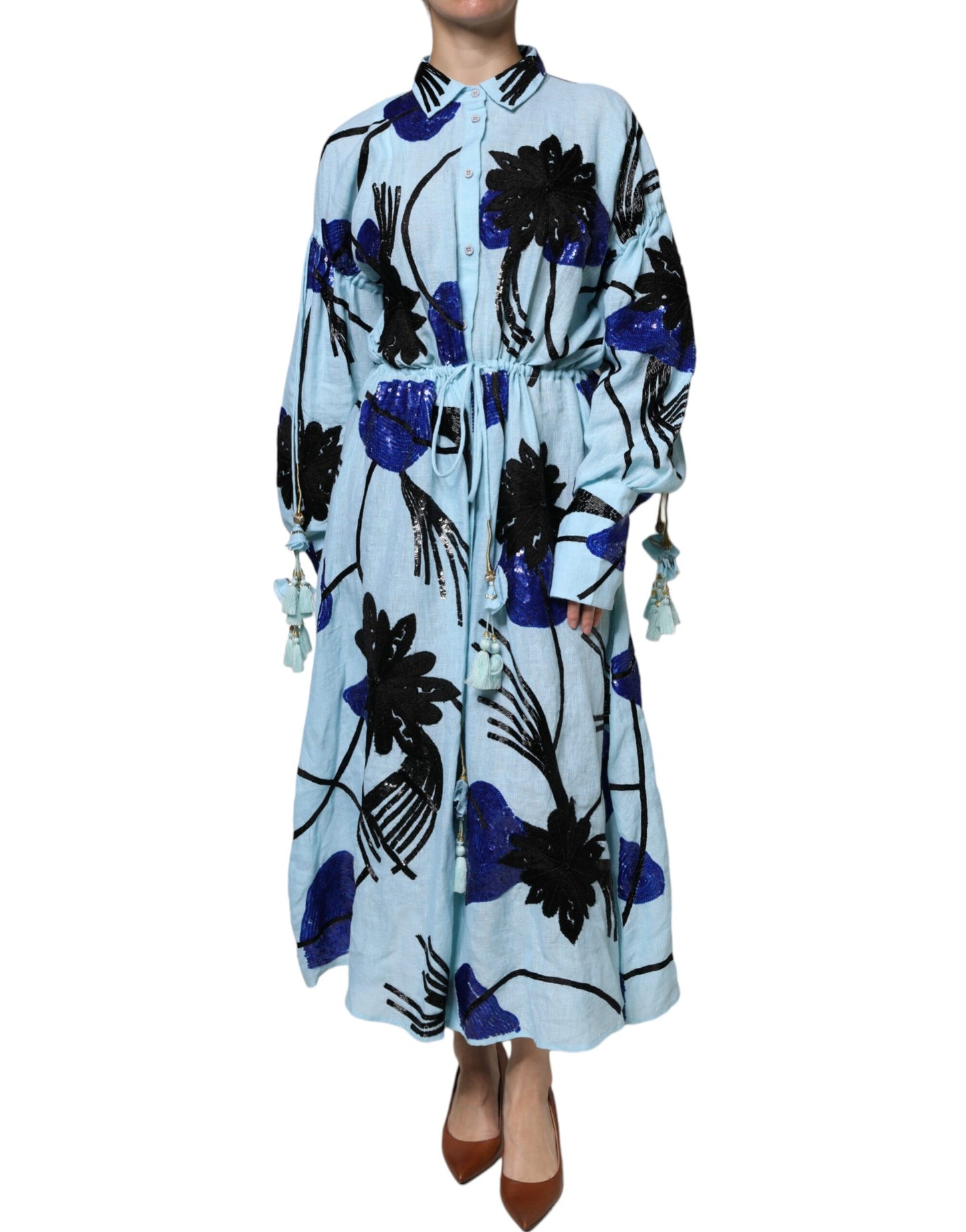 Christian Pellizzari Light Blue Floral Embellished Shirt Maxi Dress by Christian Pellizzari