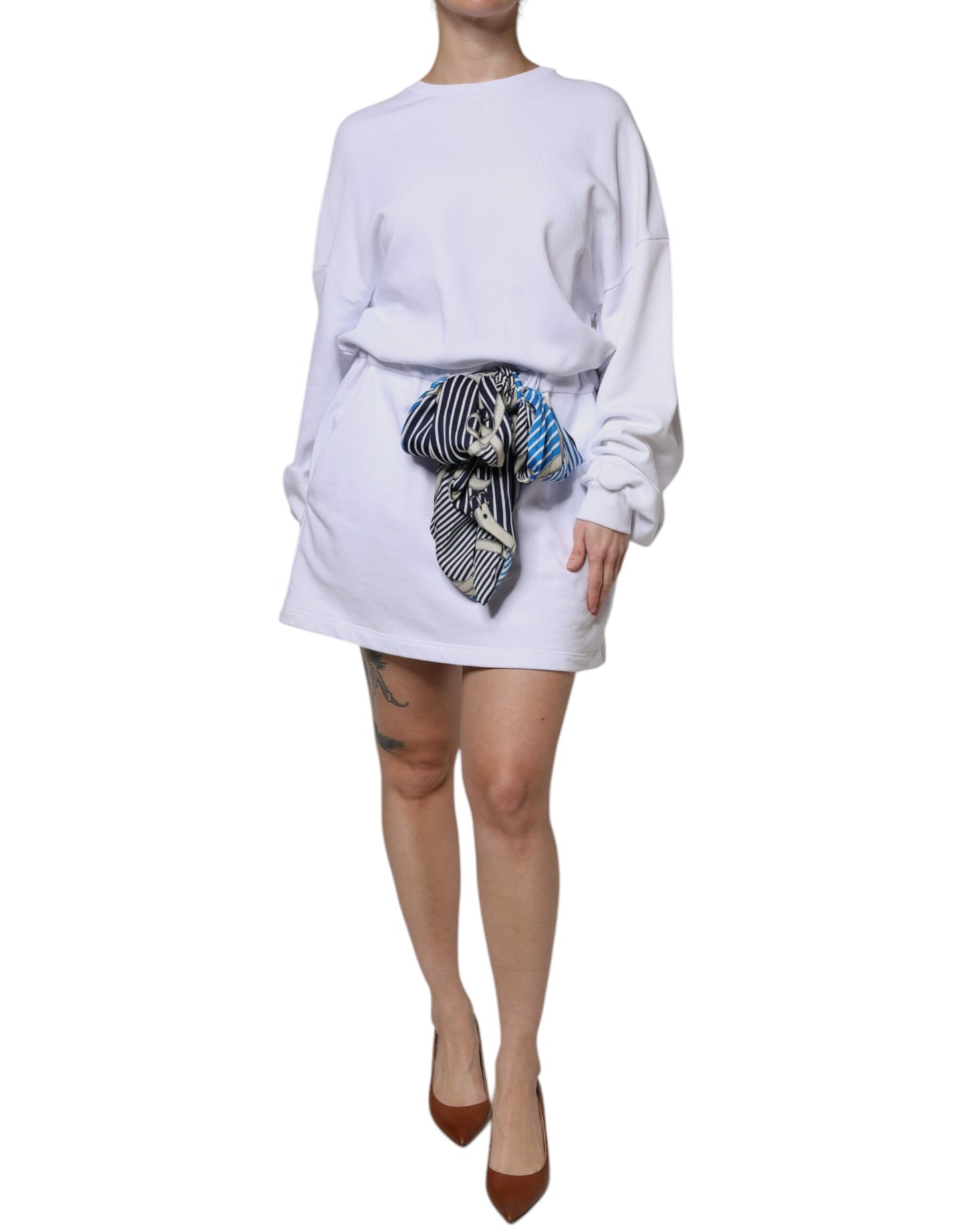MSGM White Cotton Belted Long Sleeves Crew Neck Mini Dress by MSGM