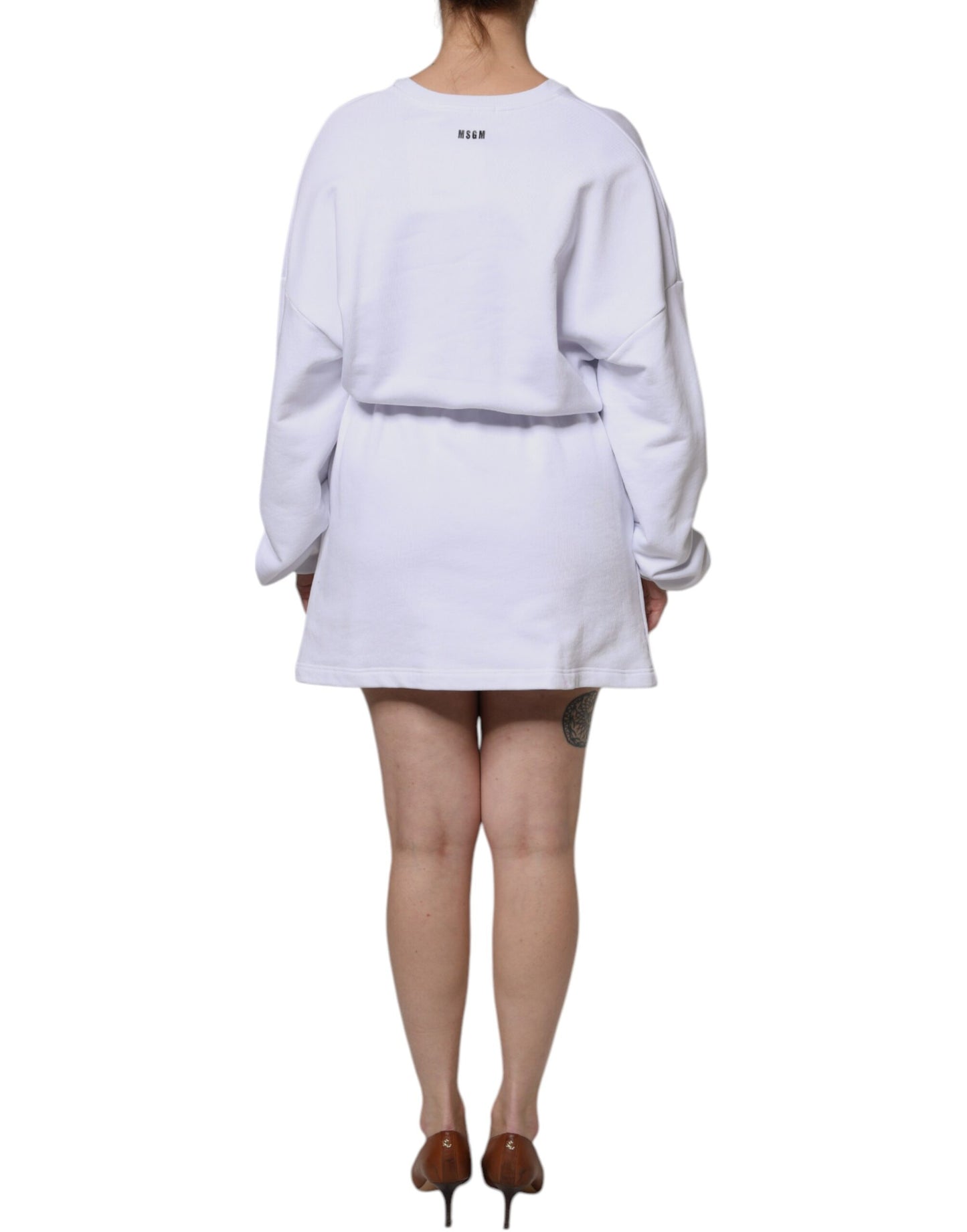 MSGM White Cotton Belted Long Sleeves Crew Neck Mini Dress by MSGM