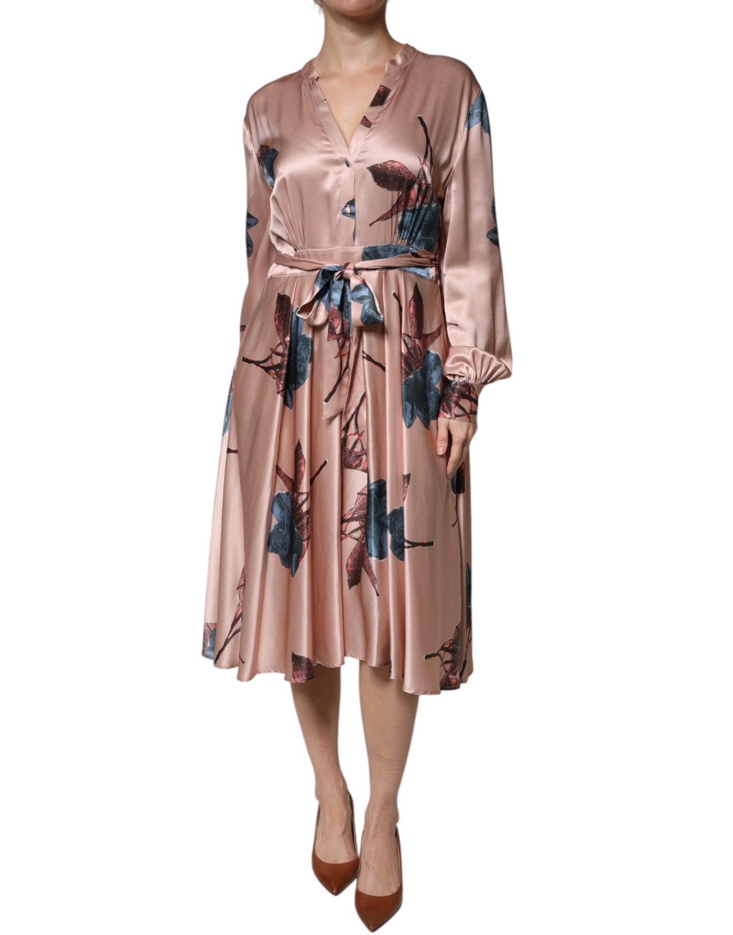 L'Autre Chose Pink Satin Floral Long Sleeves A-line Midi Dress by L'Autre Chose