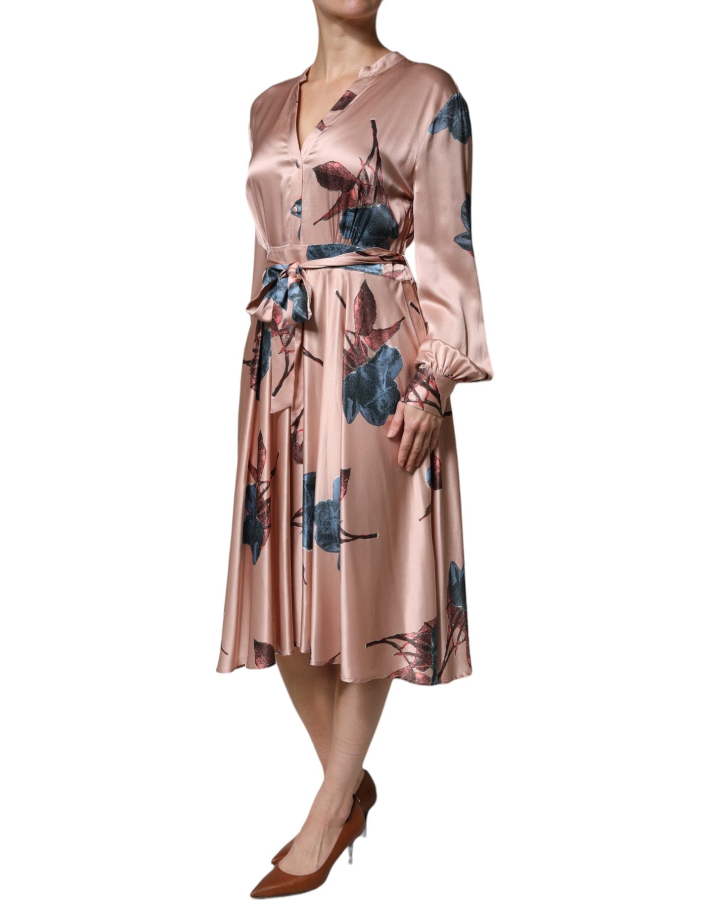 L'Autre Chose Pink Satin Floral Long Sleeves A-line Midi Dress by L'Autre Chose