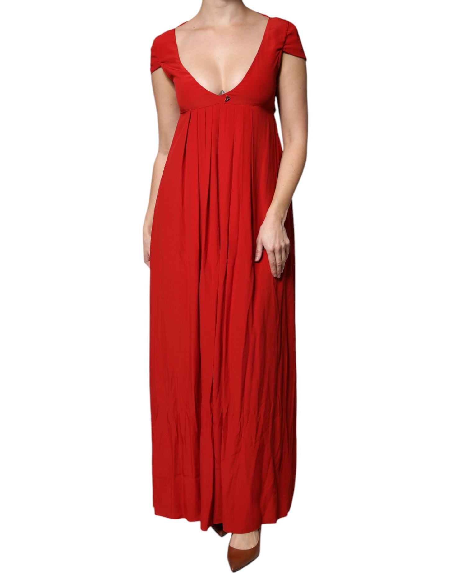 Dondup Red Acetate Short Sleeves Plunging Neckline Maxi Dress by Dondup