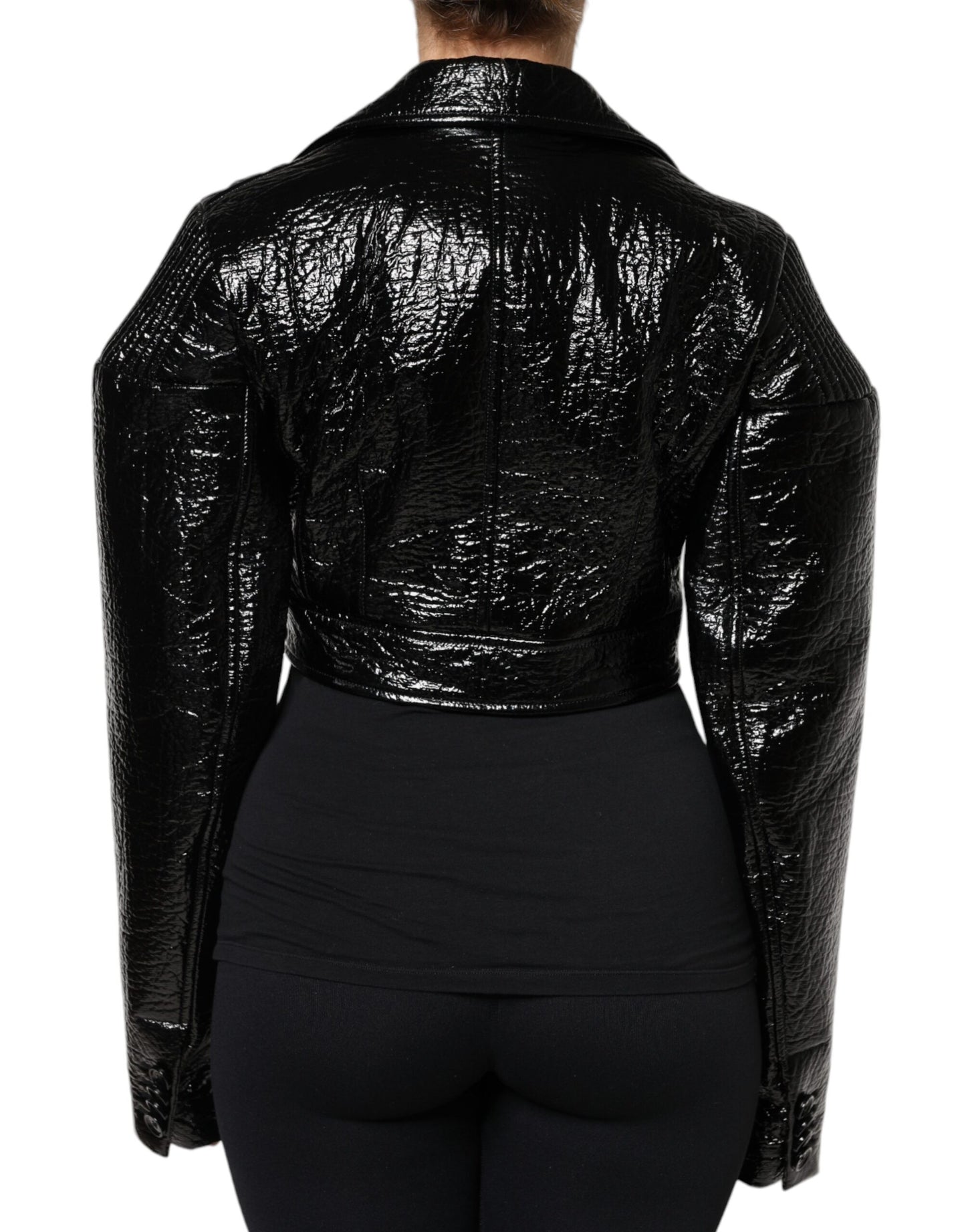 Dolce & Gabbana - Manteau court en cuir noir à manches longues