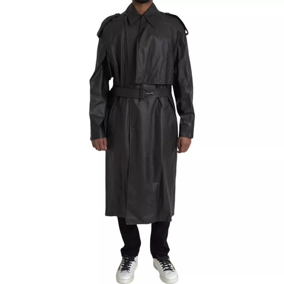 Bottega Veneta Black Leather Men Waterproof Trench Coat Jacket