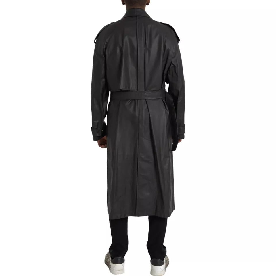 Bottega Veneta Black Leather Men Waterproof Trench Coat Jacket