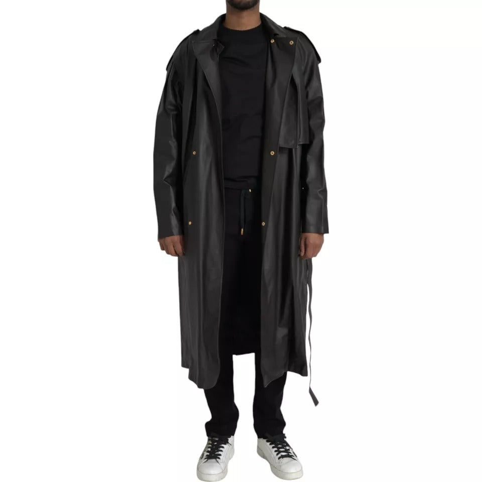 Bottega Veneta Black Leather Men Waterproof Trench Coat Jacket
