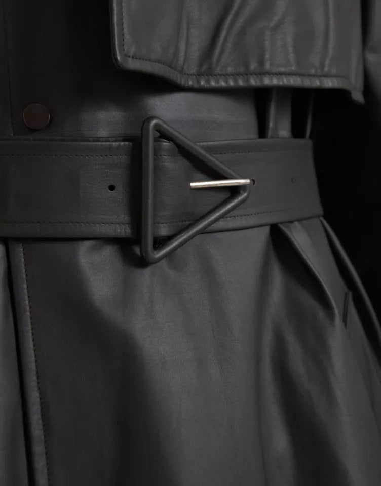 Bottega Veneta Black Leather Men Waterproof Trench Coat Jacket