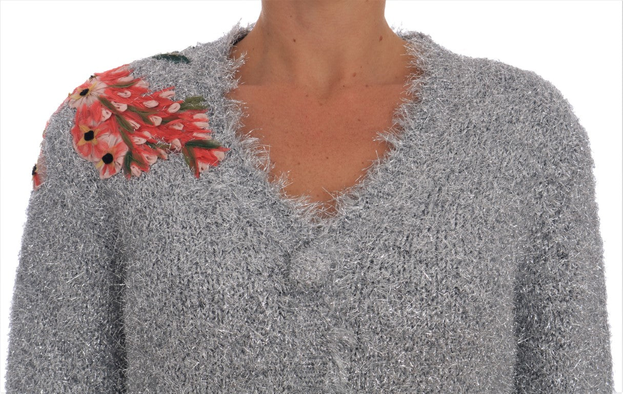 Dolce & Gabbana Élégant cardigan à fleurs argentées appliquées