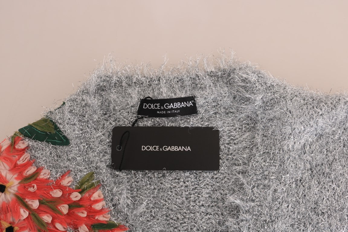 Dolce & Gabbana Élégant cardigan à fleurs argentées appliquées