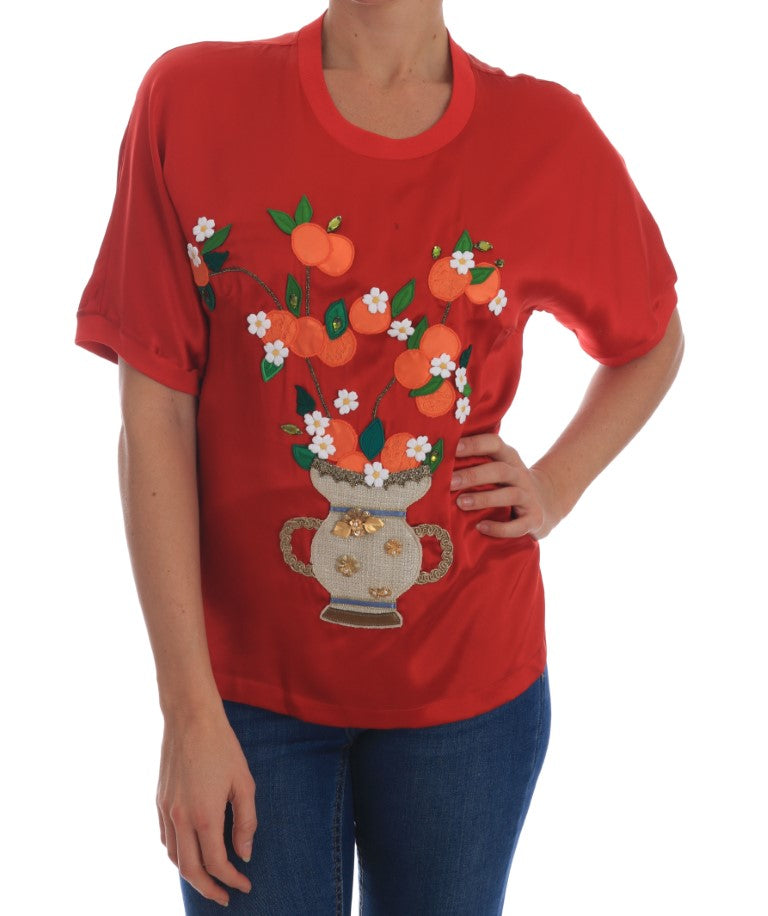 Dolce & Gabbana - Élégant chemisier en soie rouge orné de cristaux