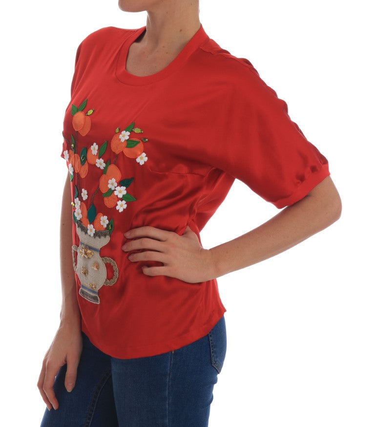 Dolce & Gabbana - Élégant chemisier en soie rouge orné de cristaux