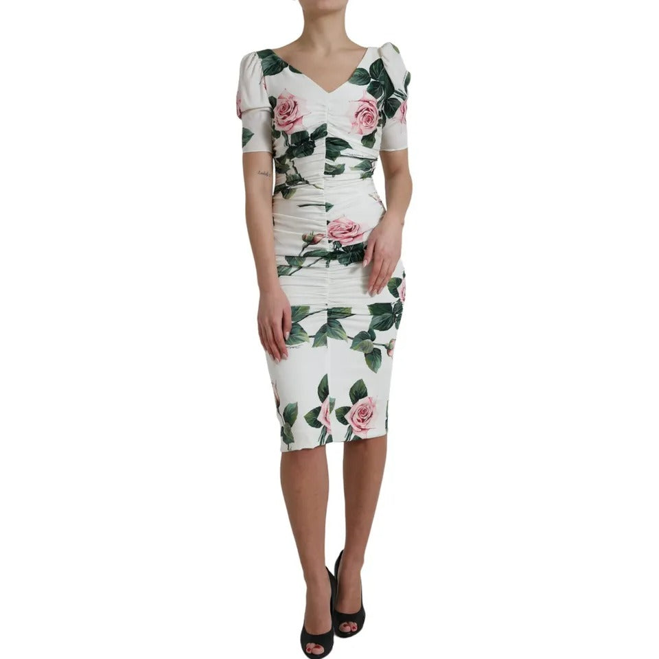 Dolce & Gabbana White Roses Print Stretch Silk Pleated Dress by Dolce & Gabbana