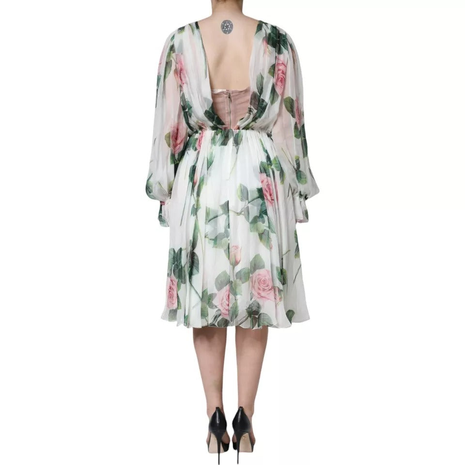 Dolce & Gabbana White Silk Floral Print A-line Midi Dress by Dolce & Gabbana