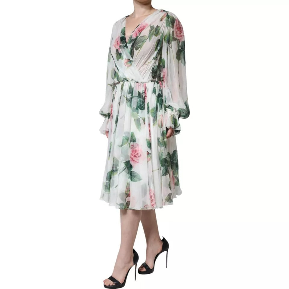 Dolce & Gabbana White Silk Floral Print A-line Midi Dress by Dolce & Gabbana