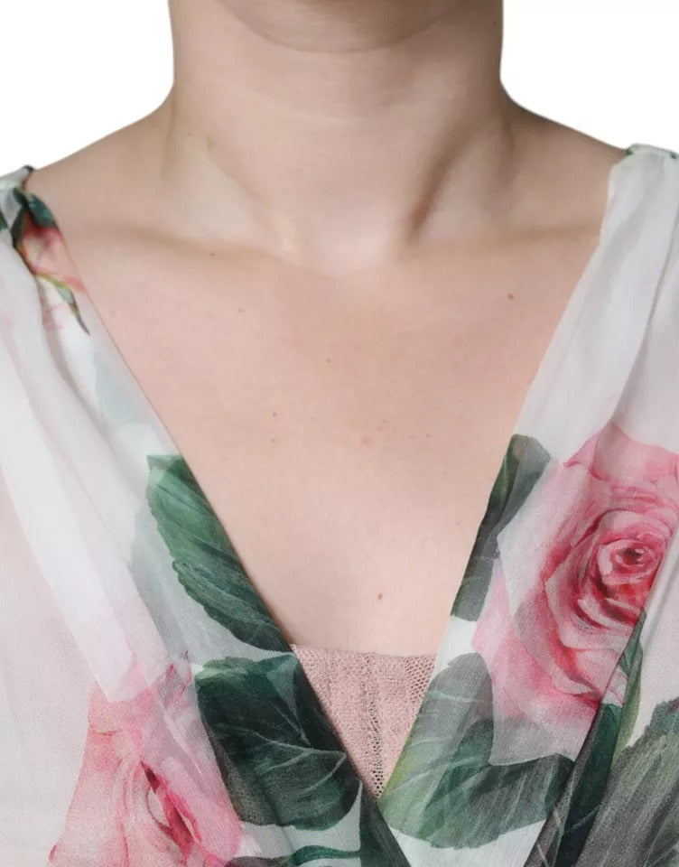 Dolce & Gabbana White Silk Floral Print A-line Midi Dress by Dolce & Gabbana