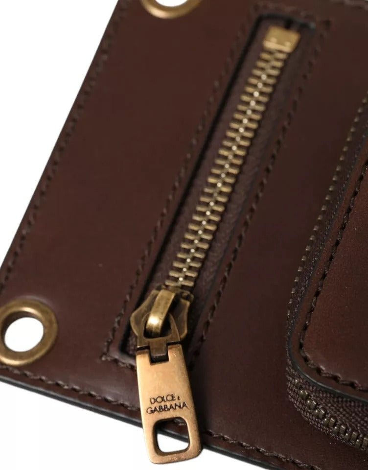 Portefeuille Dolce & Gabbana en cuir de veau marron avec fermeture éclair et logo