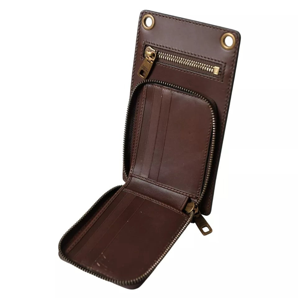 Portefeuille Dolce & Gabbana en cuir de veau marron avec fermeture éclair et logo