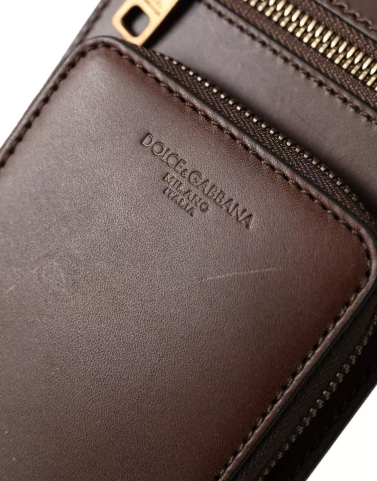 Portefeuille Dolce & Gabbana en cuir de veau marron avec fermeture éclair et logo