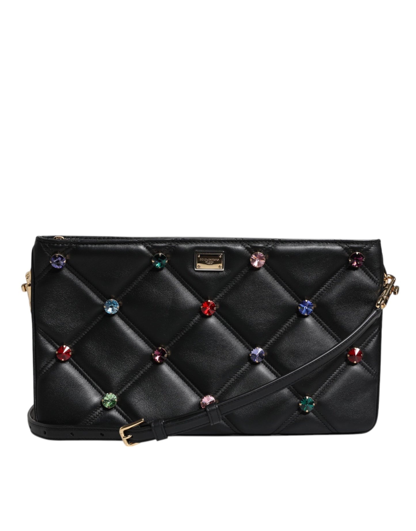 Sac à bandoulière Dolce & Gabbana en cuir noir orné de cristaux et de logo