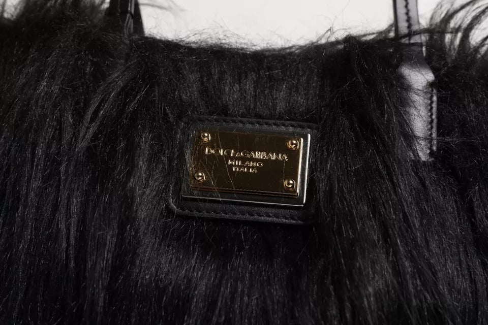Sac à bandoulière à double poignée avec plaque logo en fourrure noire Dolce & Gabbana