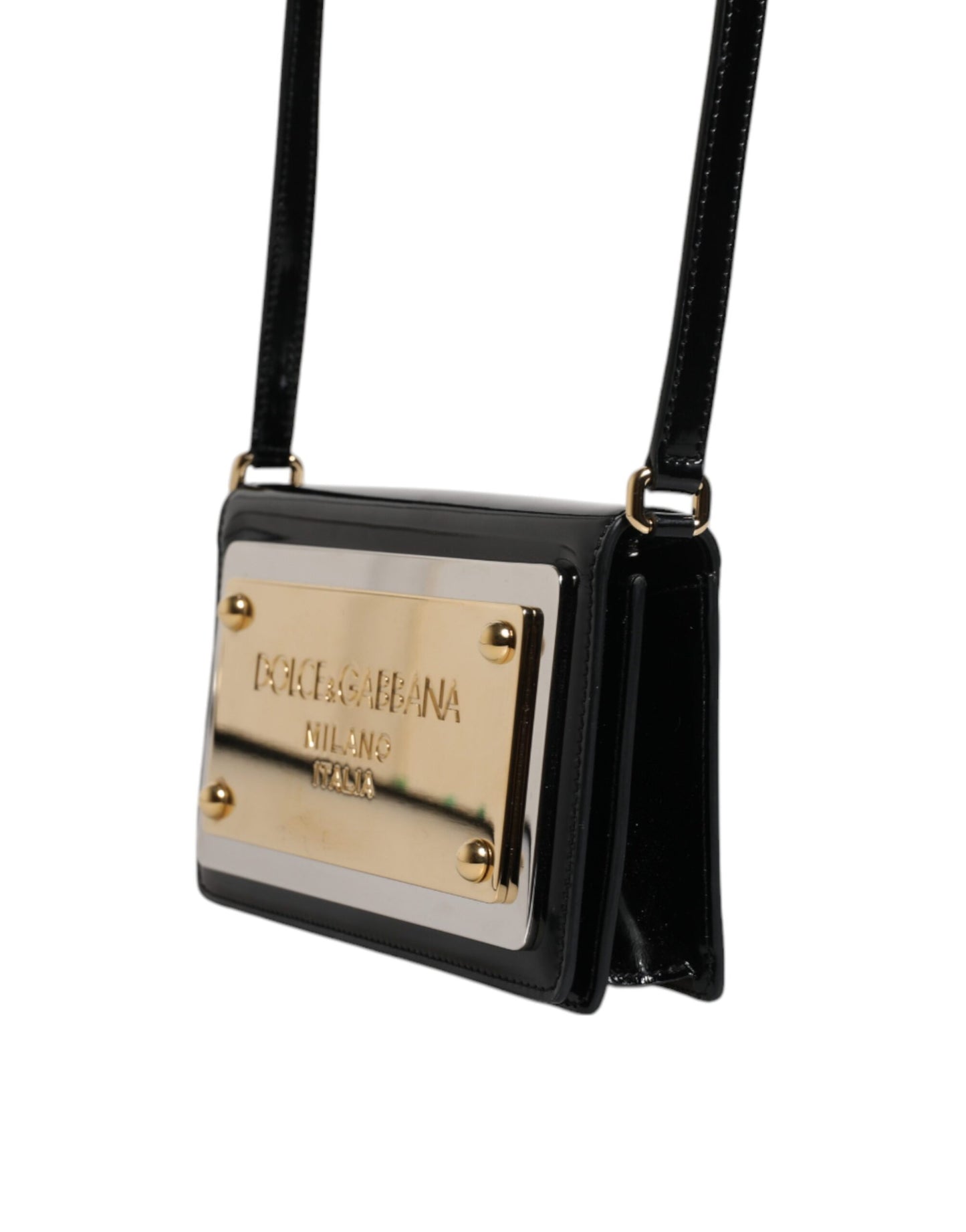 Sac bandoulière Dolce & Gabbana en cuir verni noir avec plaque logo