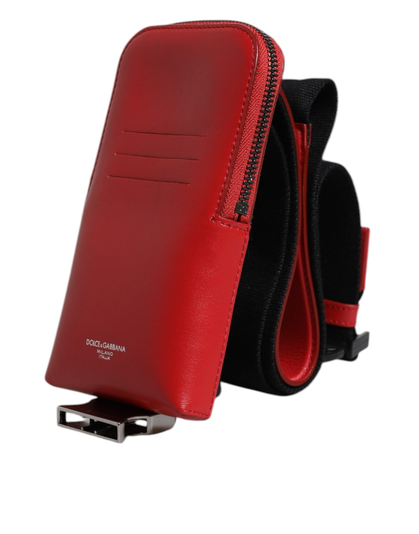 Porte-cartes zippé en cuir rouge Dolce & Gabbana avec logo et large bandoulière