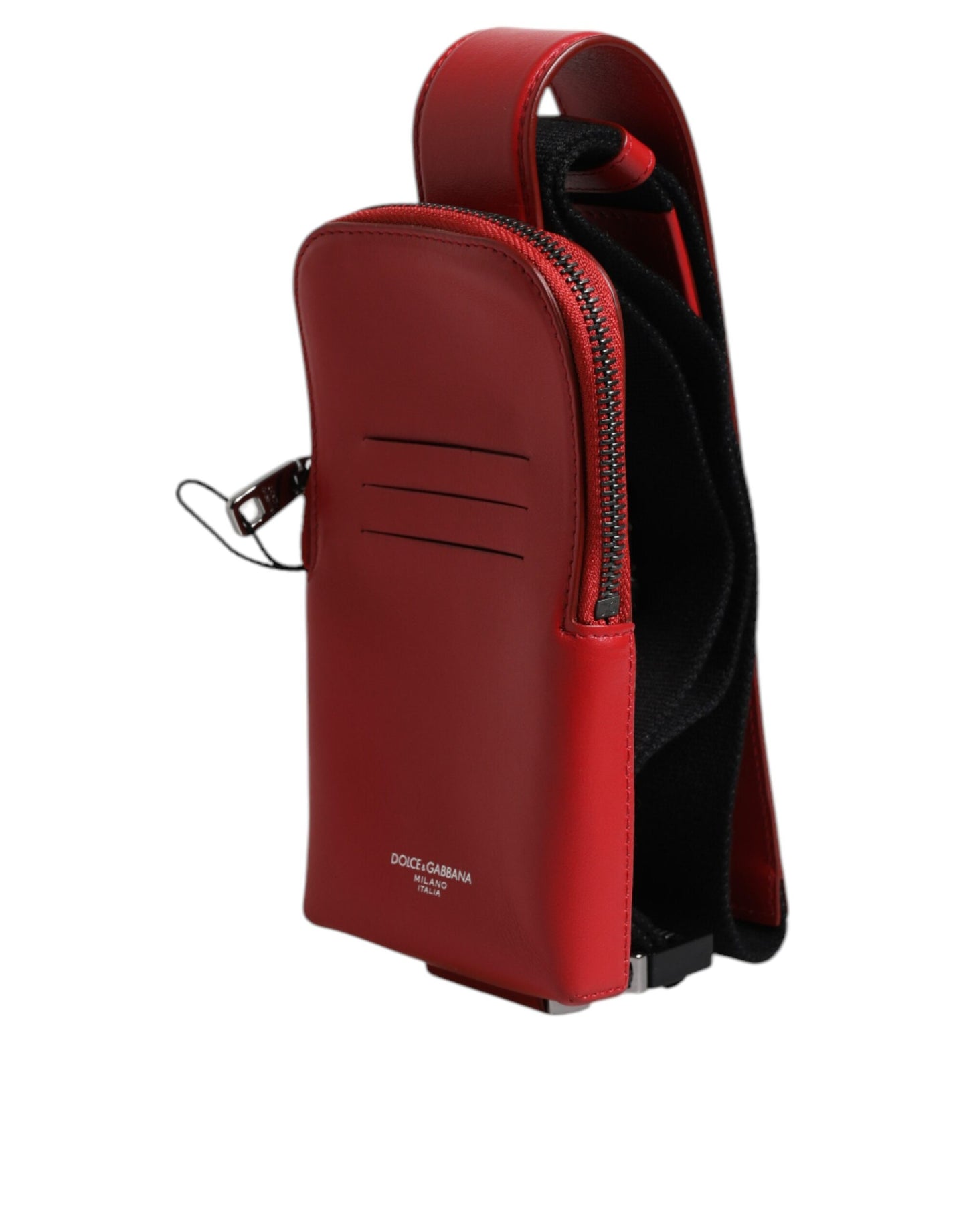 Porte-cartes zippé en cuir rouge Dolce & Gabbana avec logo et large bandoulière