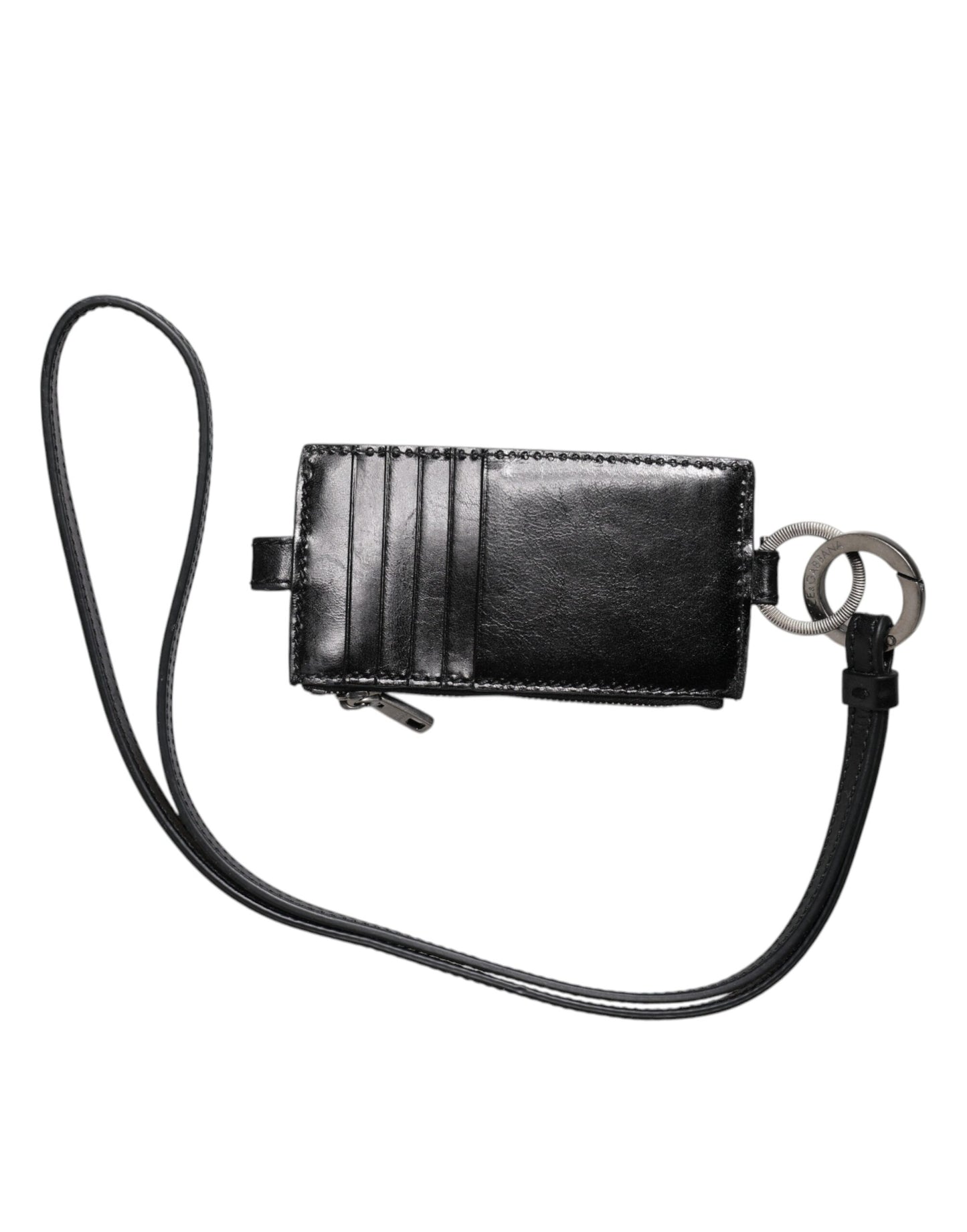 Portefeuille porte-cartes Dolce & Gabbana en cuir noir avec cordon et logo cheval