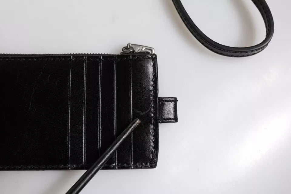 Portefeuille porte-cartes Dolce & Gabbana en cuir noir avec cordon et logo cheval