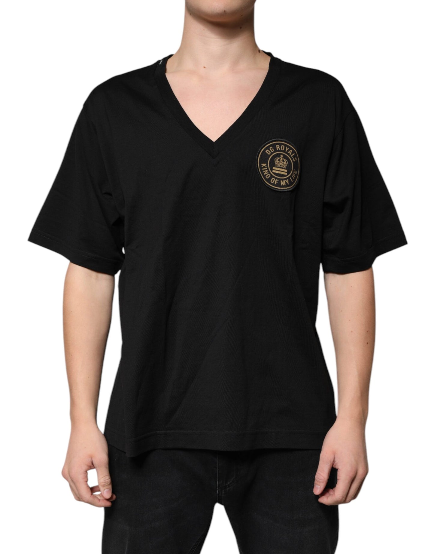 Dolce & Gabbana Black Cotton Logo Vneck Short Sleeve T-shirt by Dolce & Gabbana