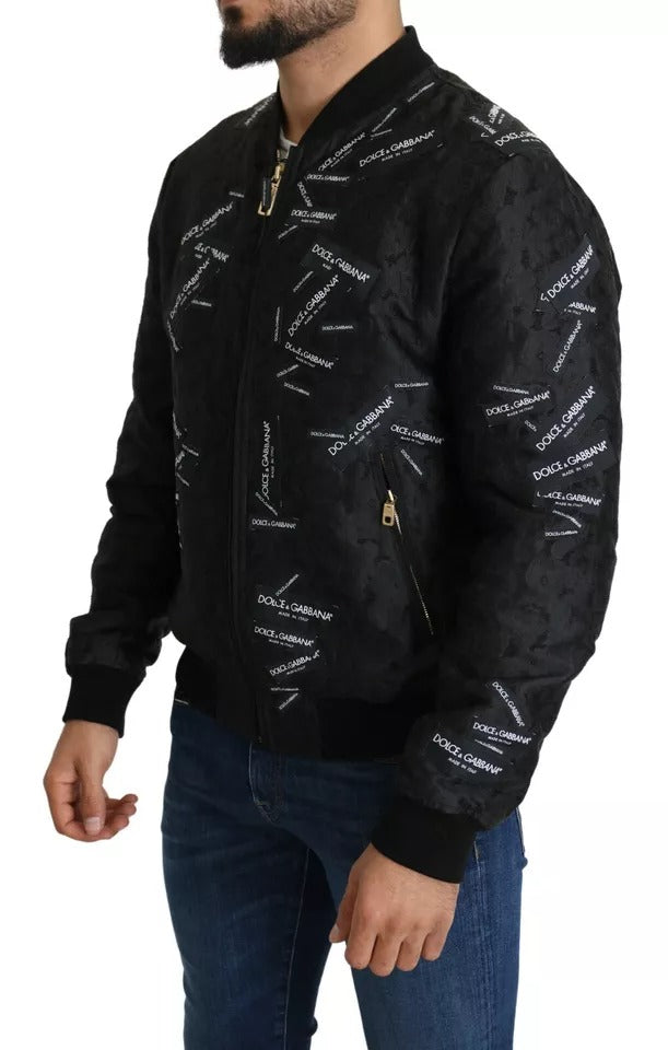 Dolce & Gabbana Black Logo Patch Brocade Bomber Full Zip Jacket by Dolce & Gabbana