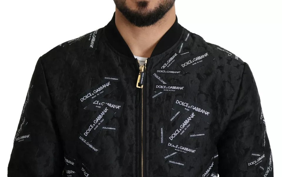 Dolce & Gabbana Black Logo Patch Brocade Bomber Full Zip Jacket by Dolce & Gabbana