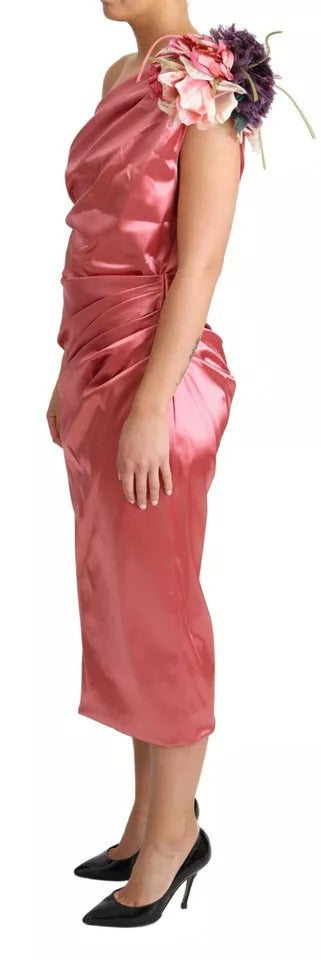 Dolce & Gabbana Pink Draped Midi Flower Applique Dress by Dolce & Gabbana