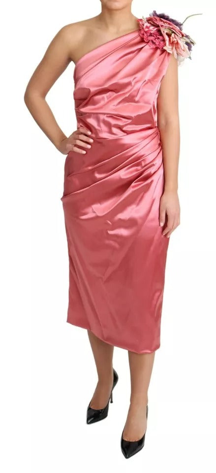 Dolce & Gabbana Pink Draped Midi Flower Applique Dress by Dolce & Gabbana